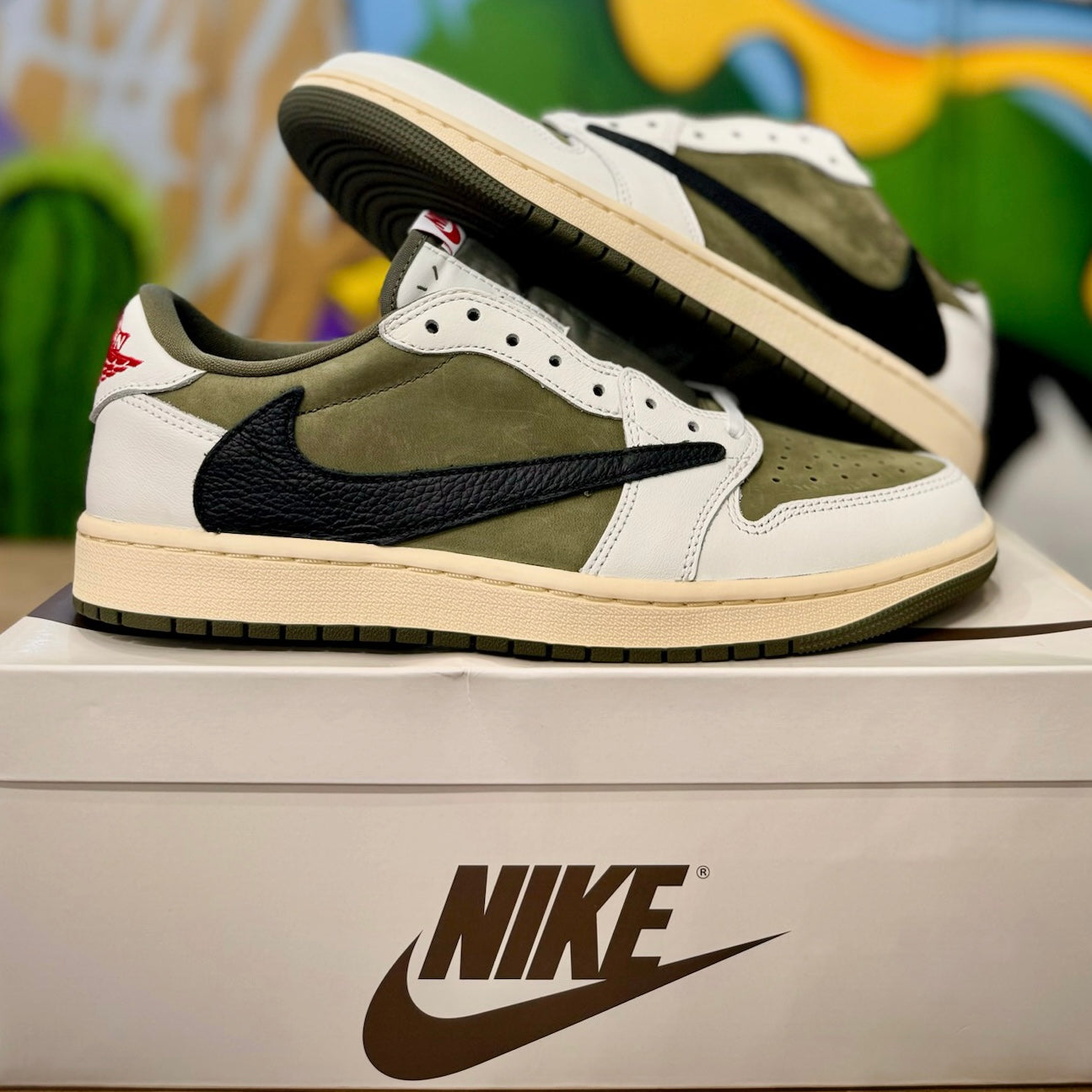 Jordan 1 Retro Low OG SP Travis Scott Medium Olive by Jordan's in Uncategorized. Available at KershKicks for £550.00. A must-have for fans of Jordan's looking to elevate their style with this Shoes.