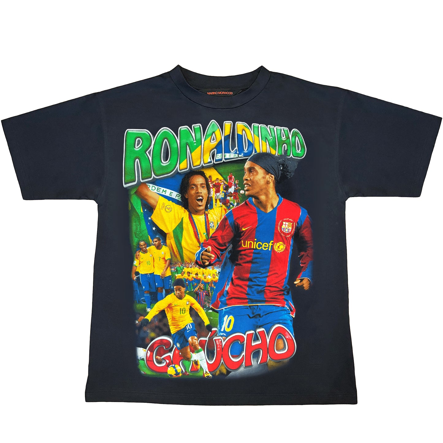 Marino Morwood Ronaldinho Tee Black by Marino Morwood in . Available at KershKicks for £60.00. A must-have for fans of Marino Morwood looking to elevate their style with this T-Shirt.