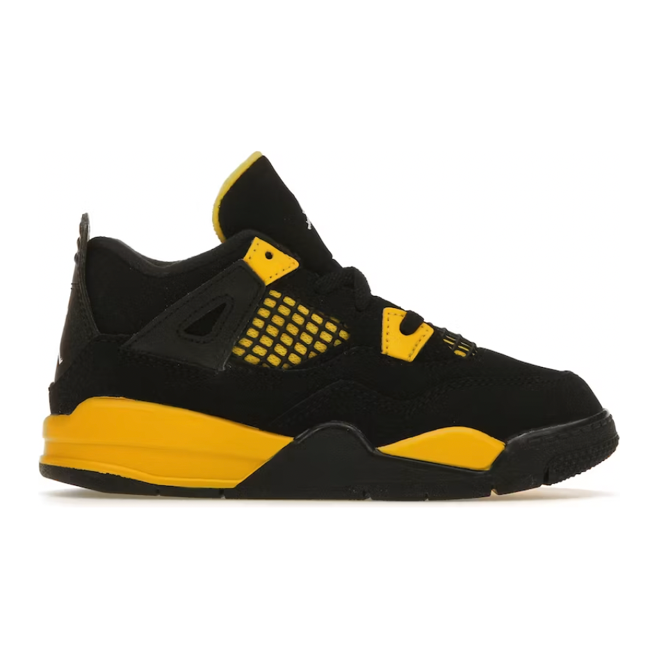 Jordan 4 Retro Thunder (2023) (TD) by Jordan's in Shoes. Available at KershKicks for £90.00. A must-have for fans of Jordan's looking to elevate their style with this Kids Trainers.