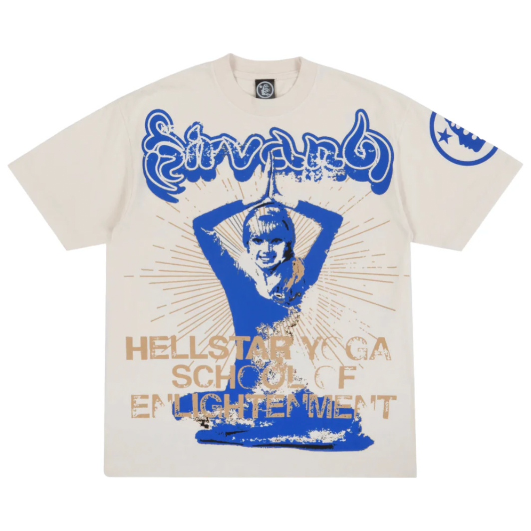 Hellstar Studios Yoga Short Sleeve Tee Shirt Cream by KershKicks in Clothing. Available at KershKicks for £200.00. A must-have for fans of KershKicks looking to elevate their style with this T-Shirt.