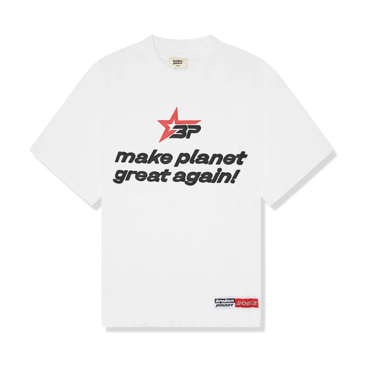 Broken Planet Market Make Planet Great Again T-Shirt White by Broken Planet Market in Clothing. Available at KershKicks for £100.00. A must-have for fans of Broken Planet Market looking to elevate their style with this T-Shirt.