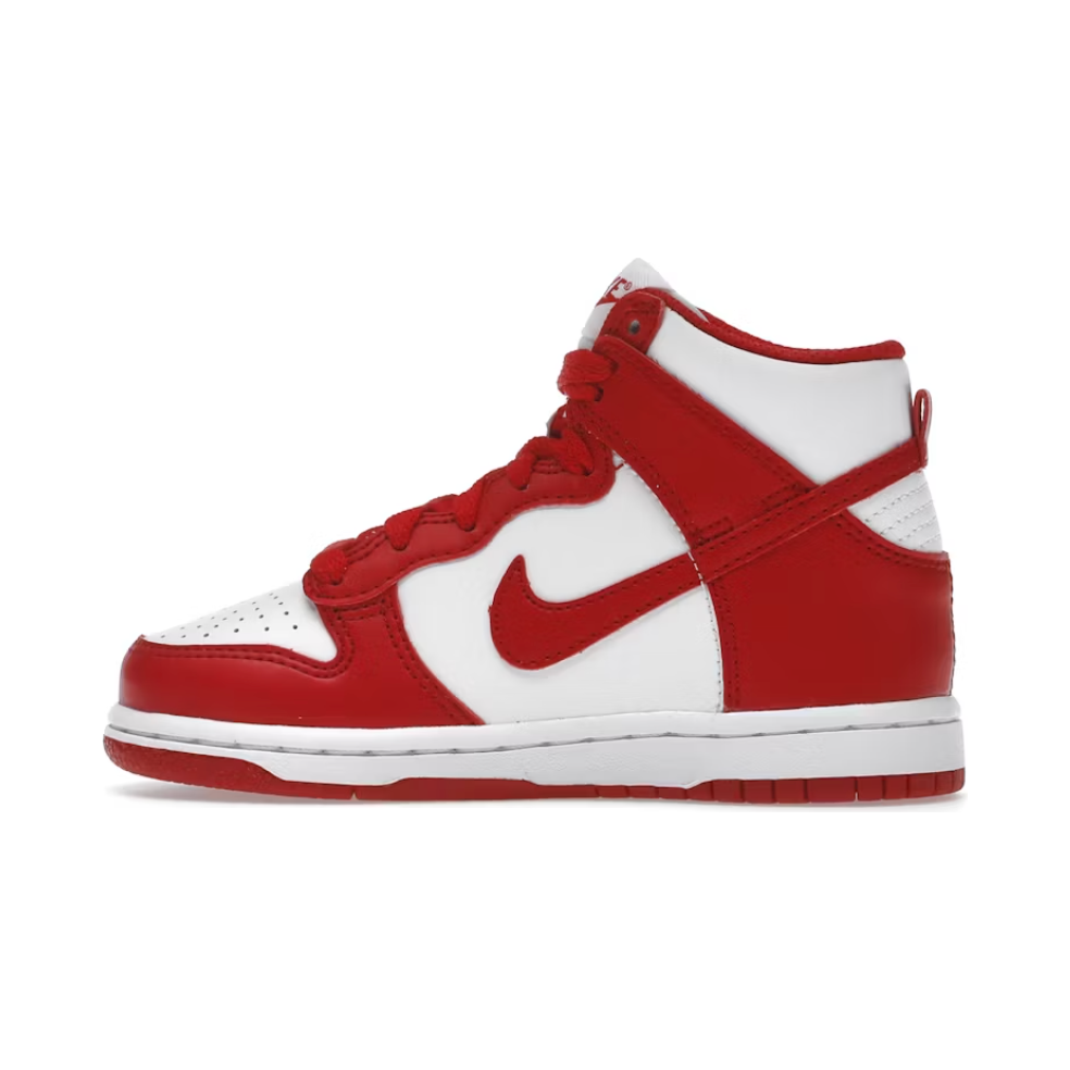 Nike Dunk High Championship White Red (PS) by Nike in Uncategorized. Available at KershKicks for £55.00. A must-have for fans of Nike looking to elevate their style with this Kids Trainers.