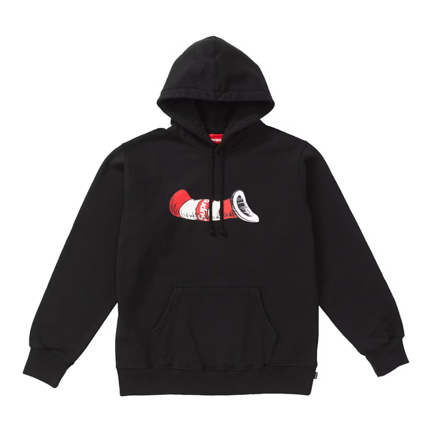 Supreme Cat in the Hat Hooded Sweatshirt Black by Supreme in Uncategorized. Available at KershKicks for £300.00. A must-have for fans of Supreme looking to elevate their style with this Hoodie.