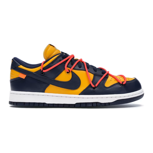 Nike Dunk Low Off White University Gold Midnight Navy by Nike in Shoes. Available at KershKicks for £585.00. A must-have for fans of Nike looking to elevate their style with this Shoes.