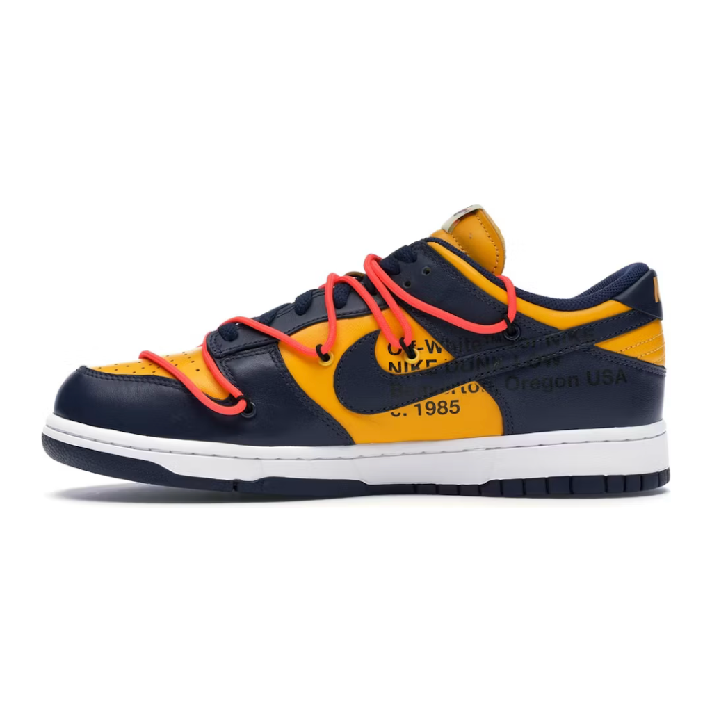 Nike Dunk Low Off White University Gold Midnight Navy by Nike in Shoes. Available at KershKicks for £585.00. A must-have for fans of Nike looking to elevate their style with this Shoes.